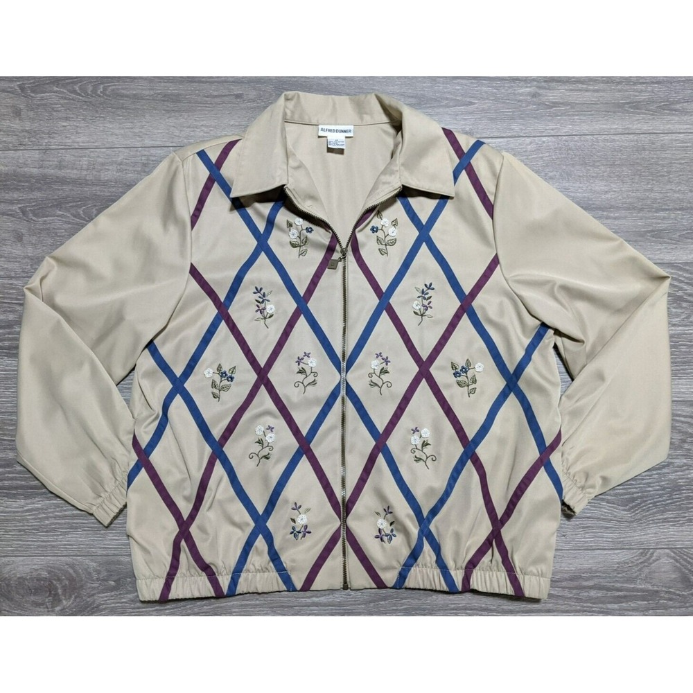 Alfred Dunner Jacket Adult Size 14 Tan Retro Bomber Zip Floral Vintage Womens